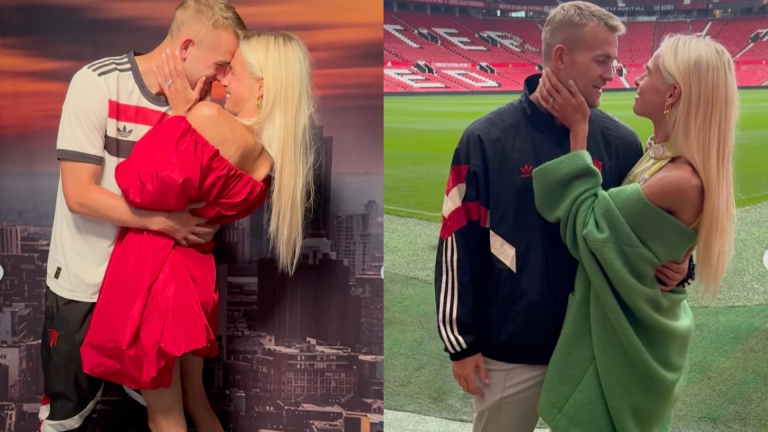 United in love! Matthijs de Ligt and wife Annekee Molenaar can't take their hands off each other at Old Trafford as model shares romantic photos from £43m star's Man Utd signing