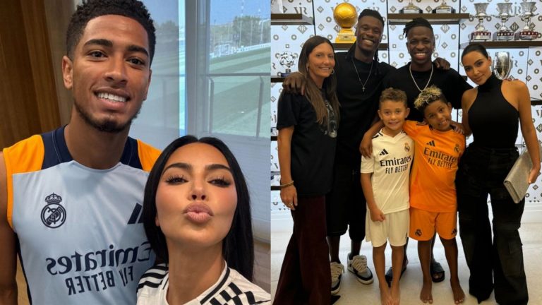 Pouting Kim Kardashian poses with Jude Bellingham & Vinicius Jr as she pays special visit to Real Madrid's training ground