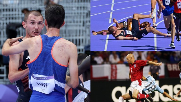 VIDEO: Team GB athlete George Mills – son of ex-Man City & England star Danny – shoves French rival in shocking outburst after collision in 5,000m Olympics heat