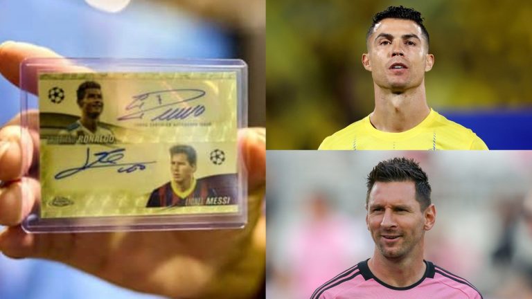 One-of-a-kind dual Cristiano Ronaldo and Lionel Messi football card set to sell for eye-watering £100k at auction – despite owner spending just £27 on autographed Topps collectible!