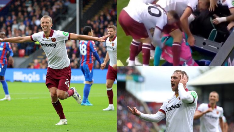 Ball boy is almost crushed by advertising board as Tomas Soucek & Jarrod Bowen hailed as heroes for rescuing youngster after West Ham fans fall onto pitch