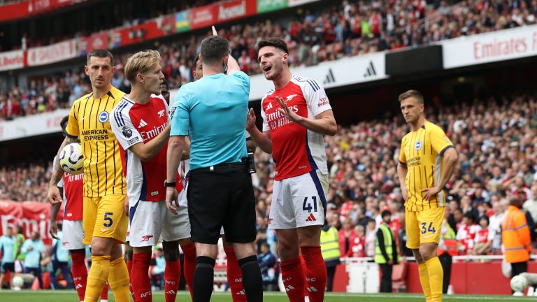 'Worst red card decision I've ever seen' – Arsenal fans fuming as Declan Rice is sent off in bizarre circumstances against Brighton, ruling him out of north London derby against Tottenham