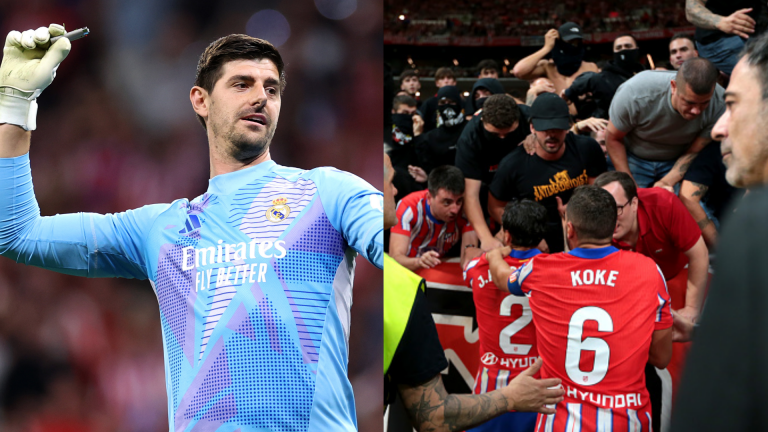 Atletico Madrid fan banned for life after launching projectiles at Thibaut Courtois in fiery Real Madrid derby