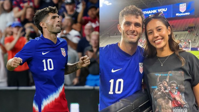 Alexa Melton poses with Christian Pulisic pitchside after seeing USMNT star bring up 31 international goals – while wearing brilliant 'explicit content' custom shirt paying tribute to boyfriend