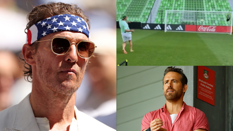 VIDEO: Are you watching Ryan Reynolds?! Matthew McConaughey hits top corner with impressive barefoot shot as Hollywood actor & Austin FC co-owner visits MLS outfit