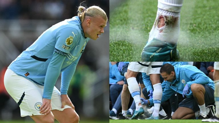 Erling Haaland left bloodied & with torn sock after Man City hitman suffers nasty Achilles injury against Newcastle