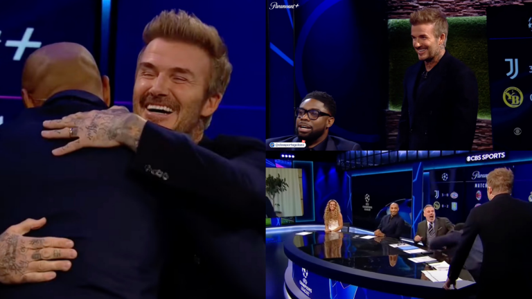 VIDEO: David Beckham pranks Micah Richards and Jamie Carragher as he gives out special gifts to Kate Abdo and Thierry Henry after joining Champions League coverage