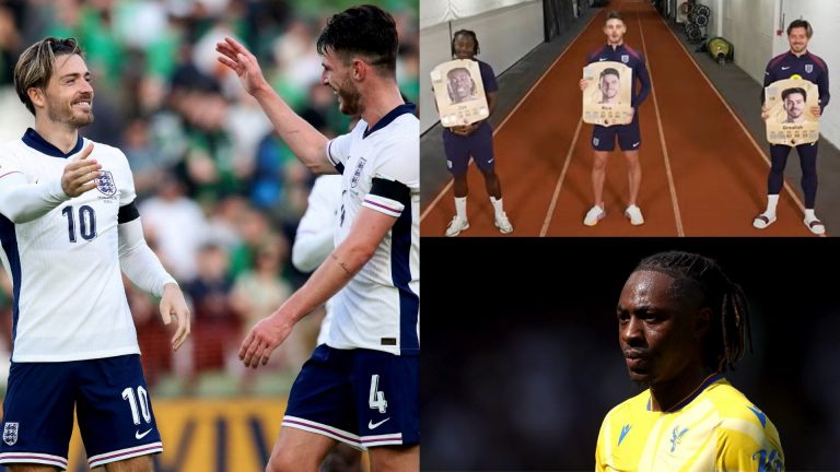 VIDEO: 'You can't do that!' – Jack Grealish creases up at Declan Rice presenting error as England stars react to EA FC 25 cards – with Man City midfielder left shocked by Eberechi Eze rating