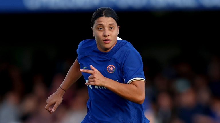 VIDEO: Sam Kerr can't stop smiling after spotting herself & Australia team-mate Caitlin Foord on big screen during Chelsea vs Crystal Palace Premier League clash with Lauren James also in attendance