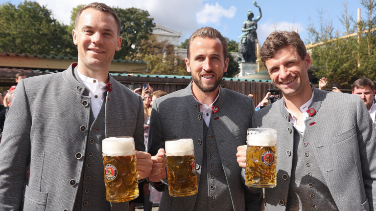 'We don't even need to drink!' – Thomas Muller jokes with Harry Kane and Bayern Munich team-mates as Vincent Kompany's side enjoy Oktoberfest