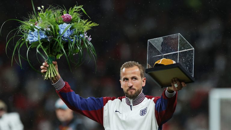 VIDEO: Harry Kane joined by children as Bayern Munich star presented with special trophy by England icon Frank Lampard after reaching appearance landmark for Three Lions