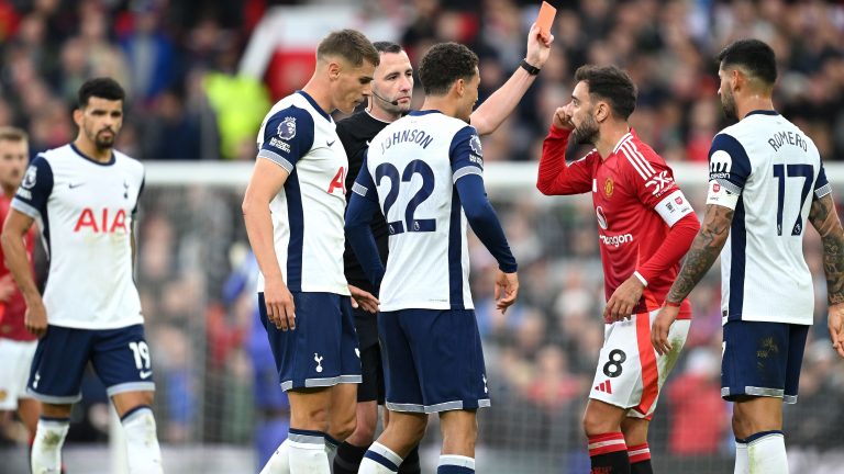 Bruno Fernandes shown first red card of Man Utd career for reckless tackle on James Maddison before Kobbie Mainoo limps off to compound nightmare first-half vs Tottenham