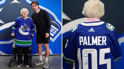 Q. Hughes meets 105-year-old Canucks fan after scrimmage in Penticton