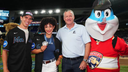 Panthers forward Rodrigues throws out first pitch at Marlins game